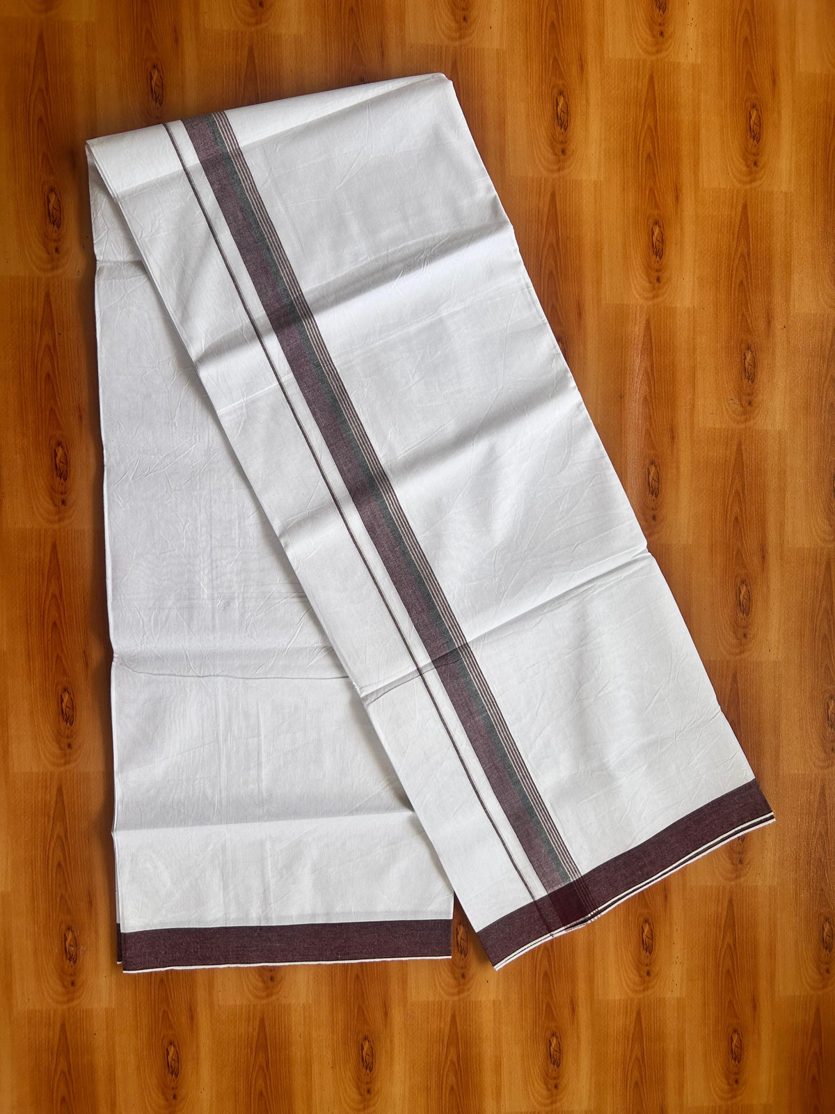 Single Mundu/Dhoti  - Pure White - KaithariKada Balaramapuram 100% Cotton - Twisted 60s Thread - 1 inch  Silver Kasav Maroon & Black Shaded Striped Kara (2 meter / 4 muzham) - 12 KK5495 GL