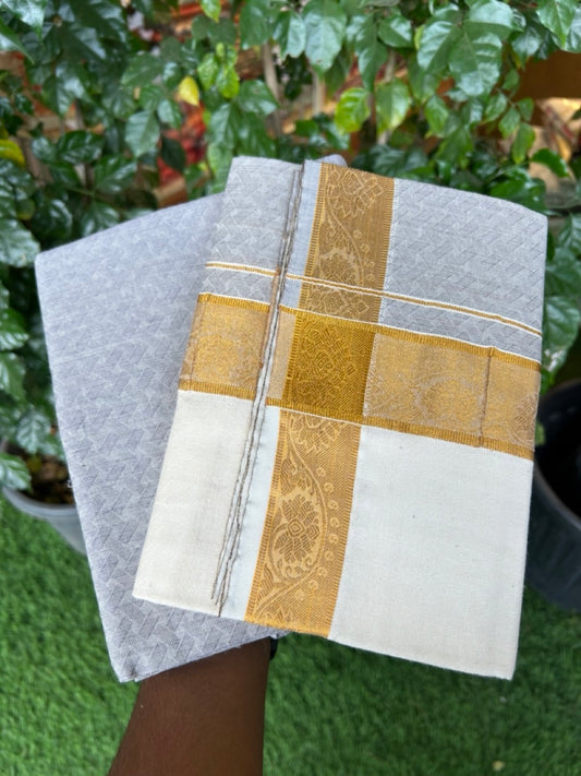 20% DISCOUNT ! KaithariKada Balaramapuram 100% Cotton Single Mundu/Dhoti (60)s - Gold Kasav jacquard Light Ash Grey & Cream Colour Shirt Material Combo - 4 KK7009 THI