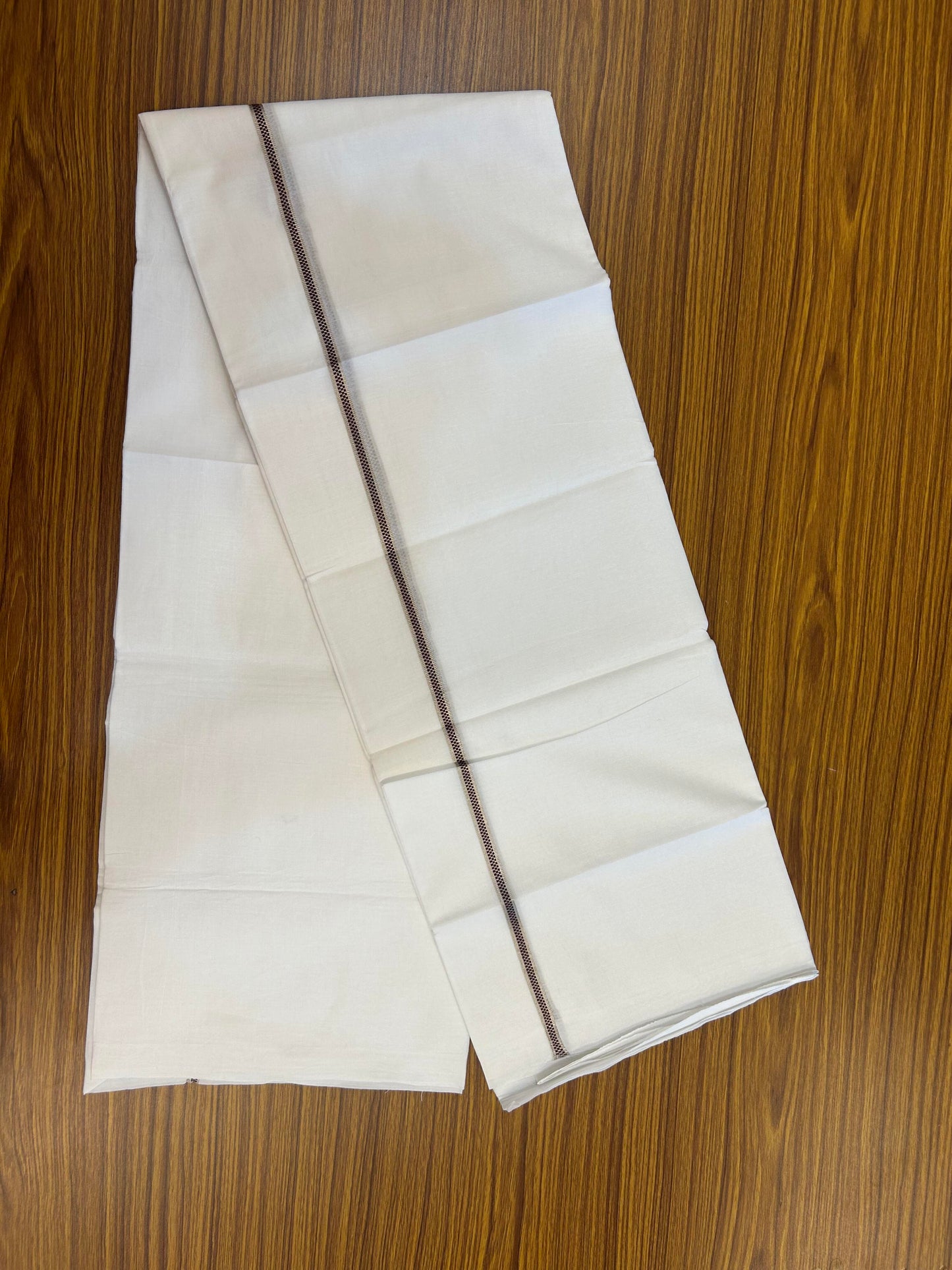20% Discount! KaithariKada Balaramapuram 100% Cotton Double Pure white Mundu/Dhoti- 100X80 - 1 cm Silver Kasav & Wine Purple Muthukuri Design Kara - Between3.80-3.95m( 8 muzham) - 3 KK5355 CKS