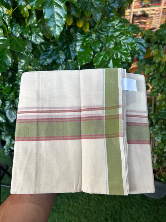 25% Discount KaithariKada Handloom Unakkupaav Balaramapuram - 100% PURE Cotton off white (Unbleached) Double Mundu/Dhoti - 80X90 - 1.5 inch Green & Magenta Shaded Striped Kara 3.80 mtr (8 muzham) - 8 KK5260 ELA