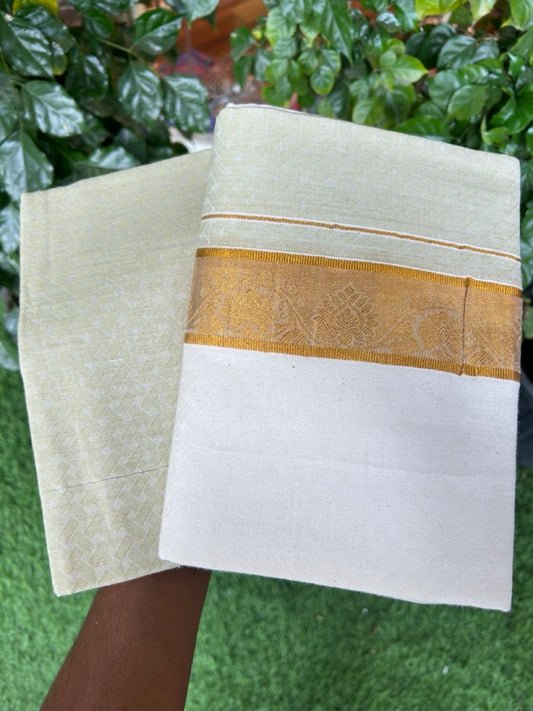 20% DISCOUNT ! KaithariKada Balaramapuram 100% Cotton Single Mundu/Dhoti (60)s - Gold Kasav jacquard Light Mustard Green & Cream Colour Shirt Material Combo - 5 KK7009 THI