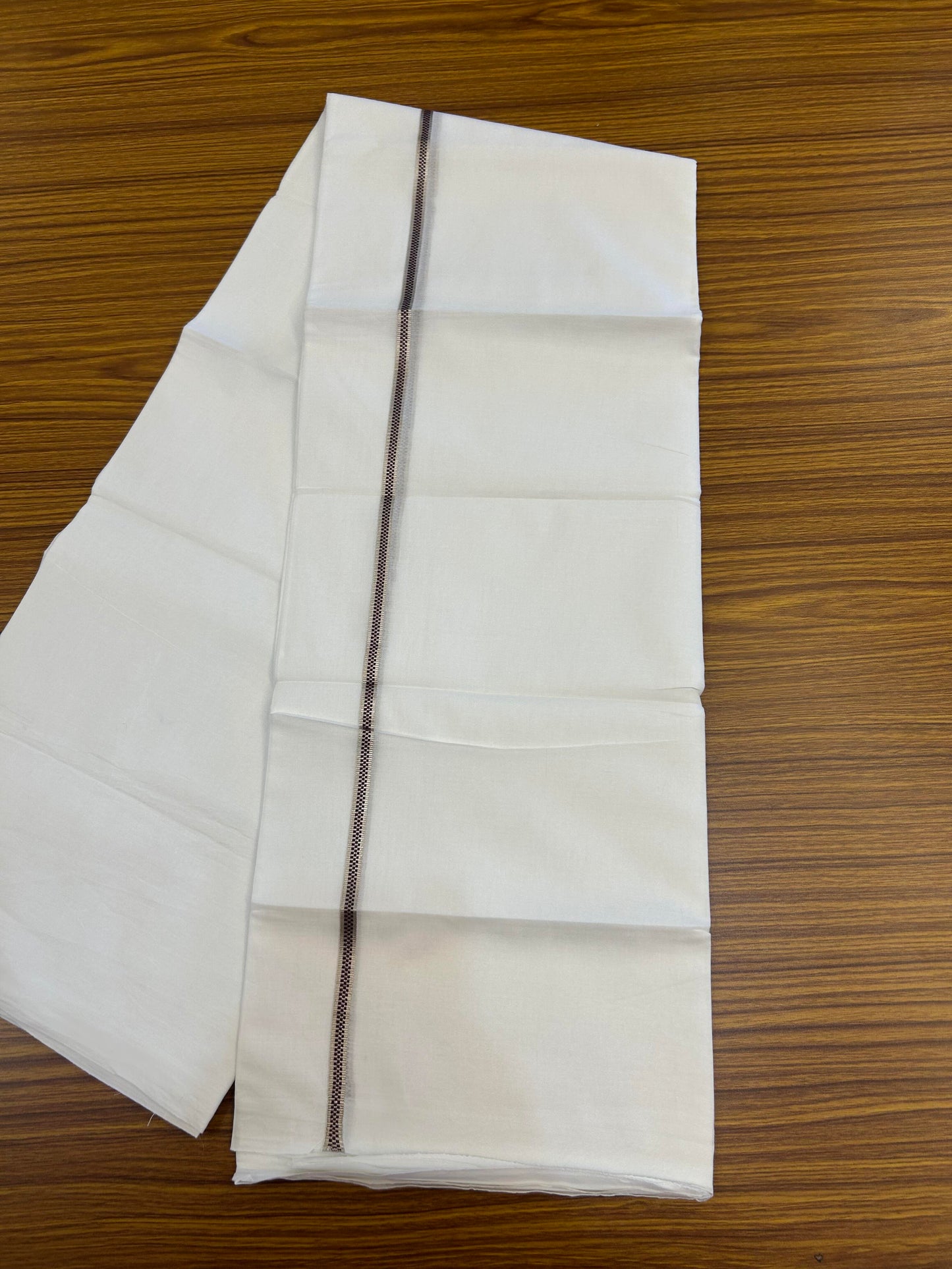 20% Discount! KaithariKada Balaramapuram 100% Cotton Double Pure white Mundu/Dhoti- 100X80 - 1 cm Silver Kasav & Wine Purple Muthukuri Design Kara - Between3.80-3.95m( 8 muzham) - 3 KK5355 CKS