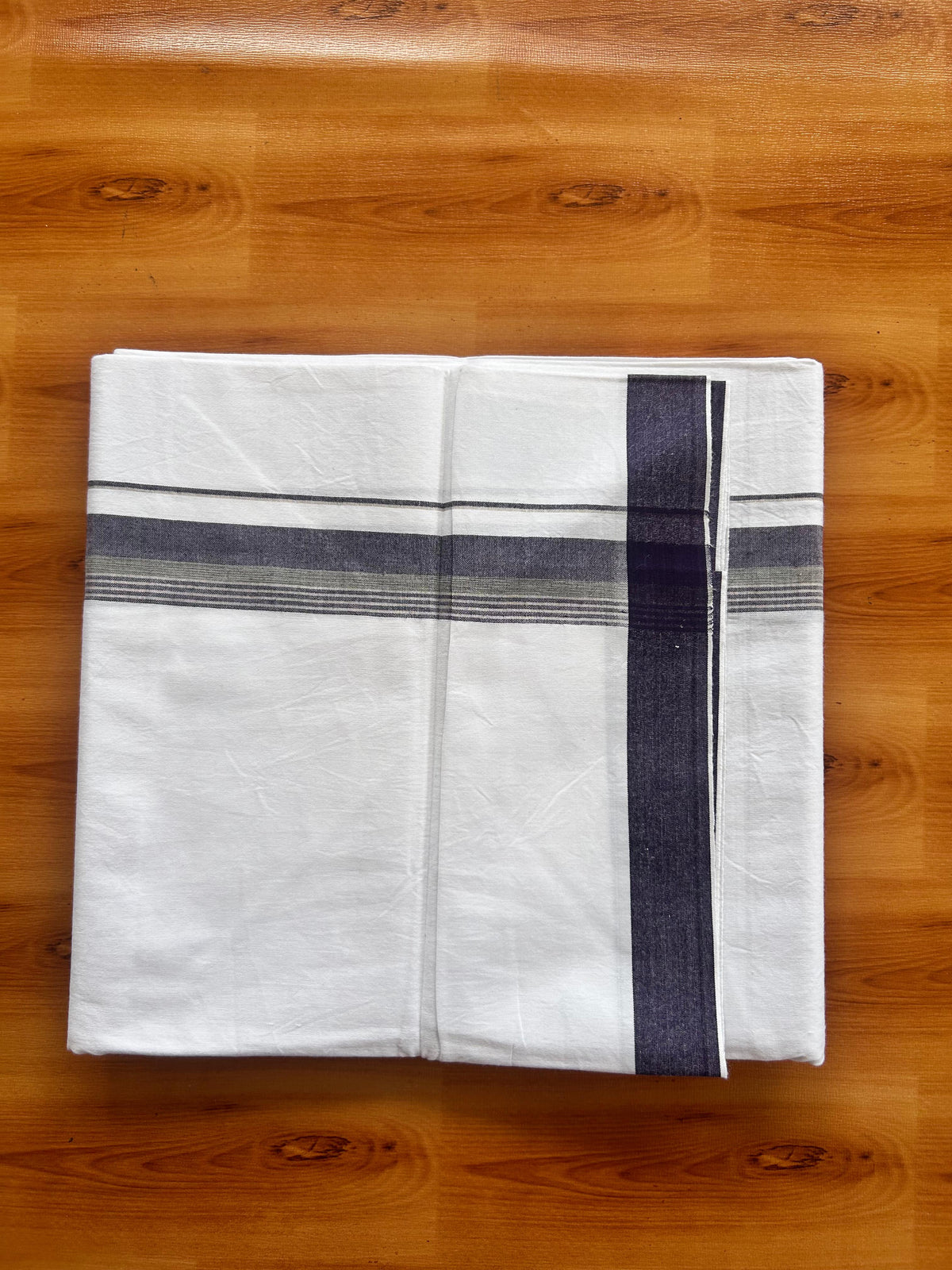 Single Mundu/Dhoti  - Pure White - KaithariKada Balaramapuram 100% Cotton - Twisted 60s Thread - 1 inch  Silver Kasav Olive & Violet Shaded Striped Kara (2 meter / 4 muzham) - 13 KK5495 GL