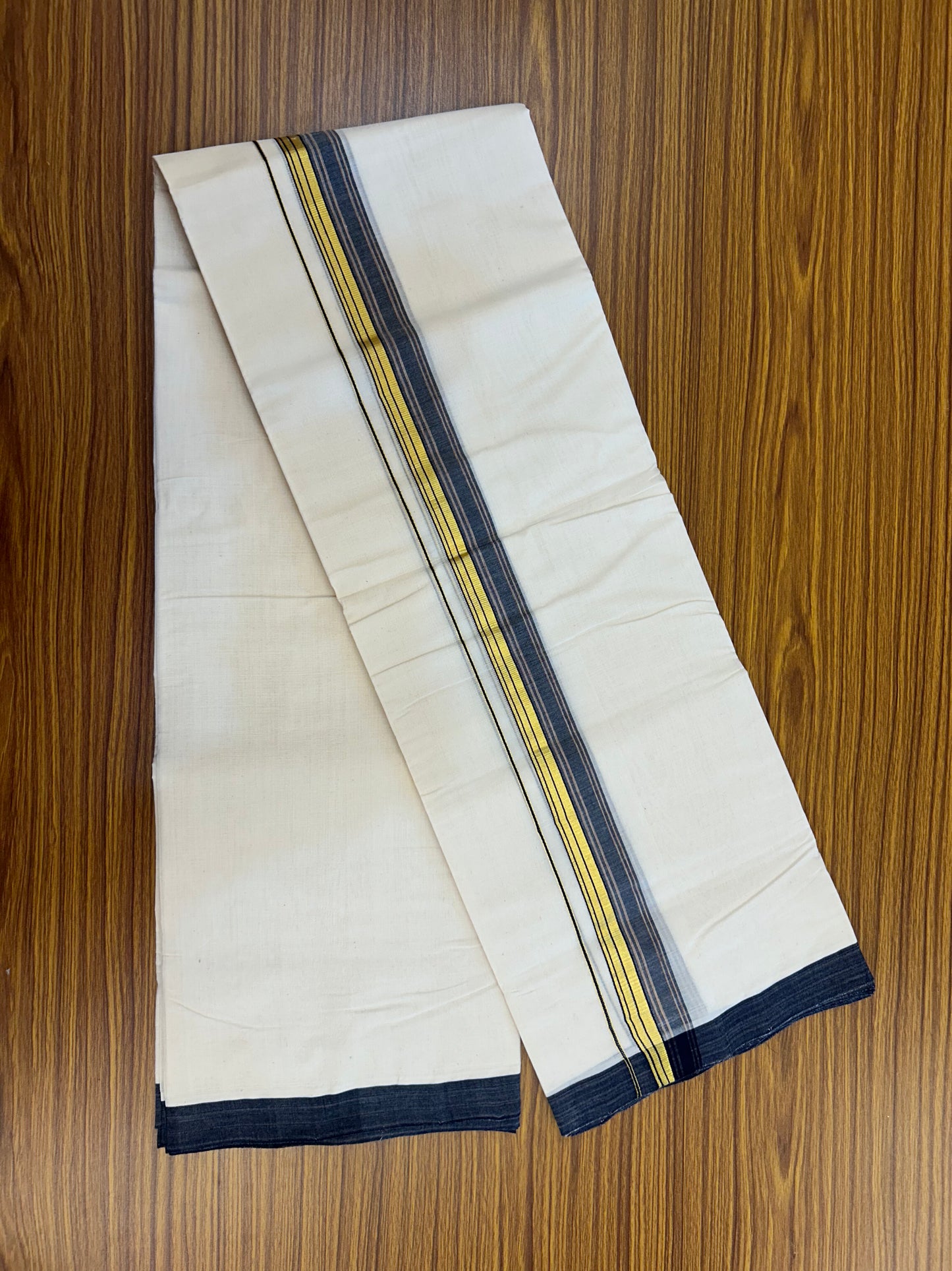 25% Discount ! KaithariKada Handloom Millpaav - Kerala Handloom - 100% Pure Cotton Off White (Unbleached) Double Mundu/Dothi - 80x90 - 1.5 inch Gold Kasav Navy Blue & Brown Shaded Striped Kara 3.60 Mtr (8 Muzham) - 21 KK5328 RAM