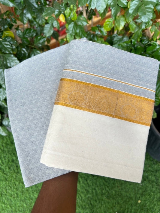 20% DISCOUNT ! KaithariKada Balaramapuram 100% Cotton Single Mundu/Dhoti (60)s - Gold Kasav jacquard Ash & Cream Colour Shirt Material Combo - 6 KK7009 THI