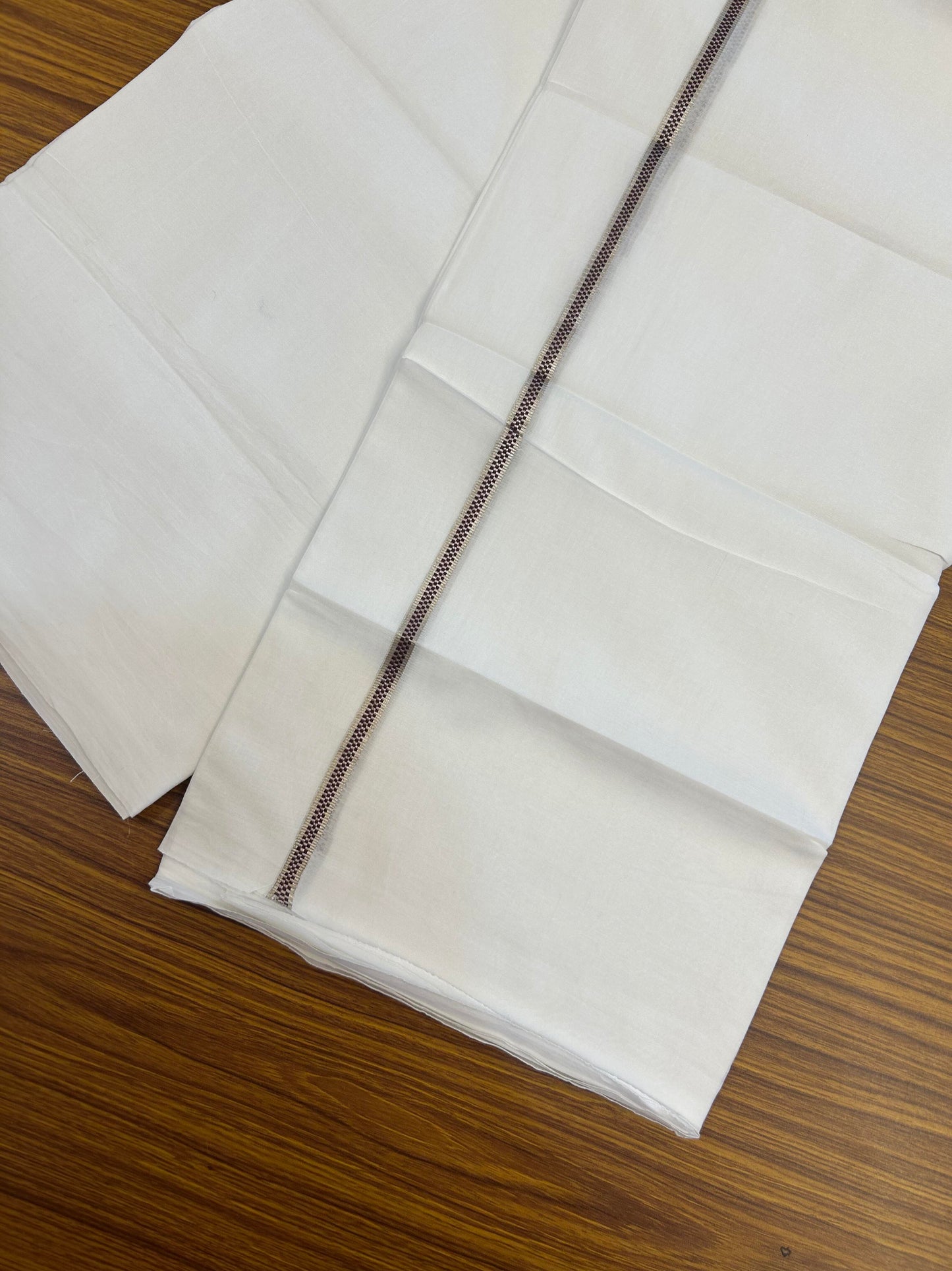 20% Discount! KaithariKada Balaramapuram 100% Cotton Double Pure white Mundu/Dhoti- 100X80 - 1 cm Silver Kasav & Wine Purple Muthukuri Design Kara - Between3.80-3.95m( 8 muzham) - 3 KK5355 CKS