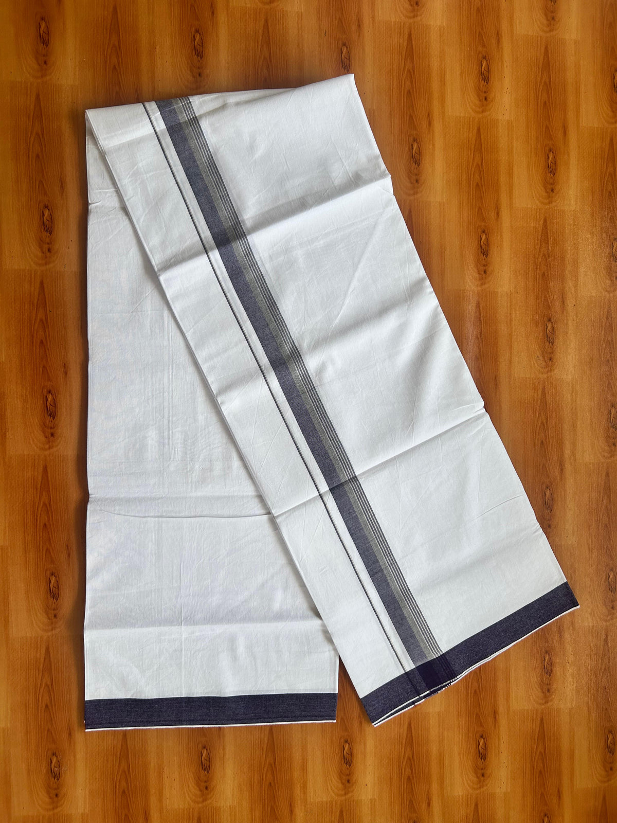 Single Mundu/Dhoti  - Pure White - KaithariKada Balaramapuram 100% Cotton - Twisted 60s Thread - 1 inch  Silver Kasav Olive & Violet Shaded Striped Kara (2 meter / 4 muzham) - 13 KK5495 GL