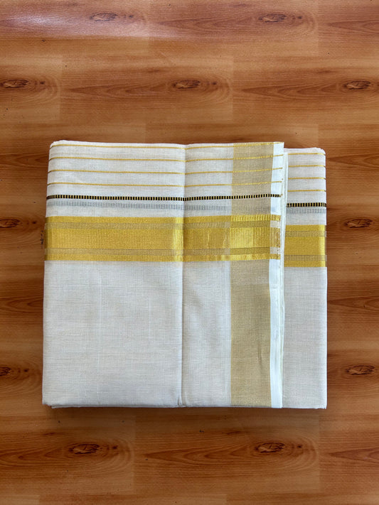 Double Off White - (Unbleached) Mundu/Dhoti - 25% Discount! KaithariKada Pulimood Handloom Millpaav - Pure Cotton - (80X90) - 6.5 inch Gold Kasav & Brown Striped Kara With Tissue Body 3.80 mtr (8 Muzham) - 1 KK5544 CED