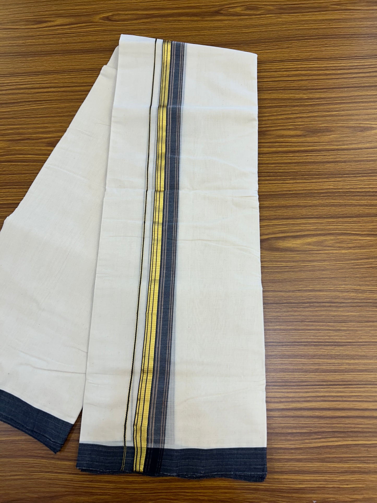 25% Discount ! KaithariKada Handloom Millpaav - Kerala Handloom - 100% Pure Cotton Off White (Unbleached) Double Mundu/Dothi - 80x90 - 1.5 inch Gold Kasav Navy Blue & Brown Shaded Striped Kara 3.60 Mtr (8 Muzham) - 21 KK5328 RAM