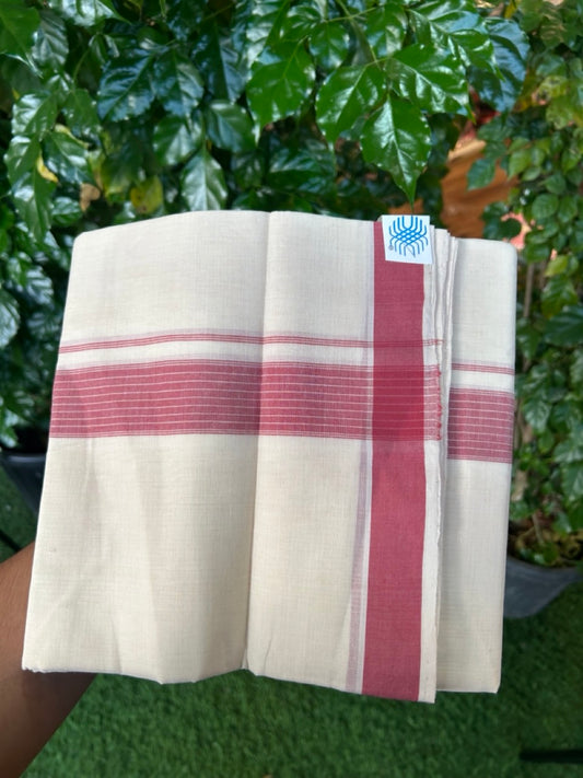 25% Discount KaithariKada Handloom Unakkupaav Balaramapuram - 100% PURE Cotton off white (Unbleached) Double Mundu/Dhoti - 80X90 - 1.5 inch Maroon Shaded Striped Kara 3.80 mtr (8 muzham) - 4 KK5260 ELA