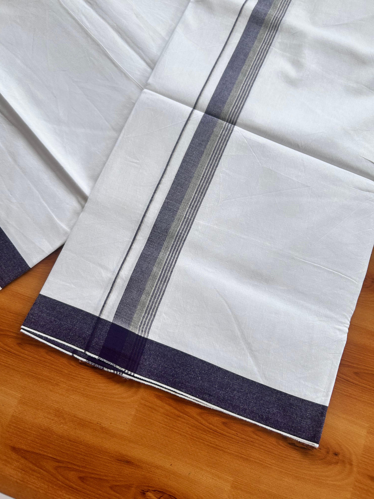 Single Mundu/Dhoti  - Pure White - KaithariKada Balaramapuram 100% Cotton - Twisted 60s Thread - 1 inch  Silver Kasav Olive & Violet Shaded Striped Kara (2 meter / 4 muzham) - 13 KK5495 GL