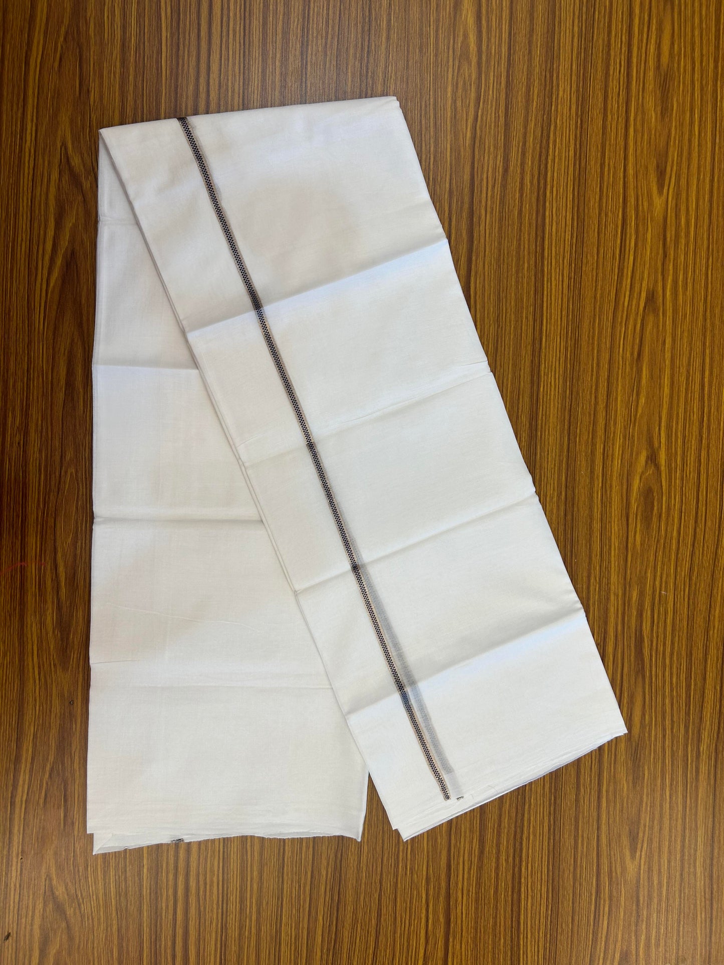 20% Discount! KaithariKada Balaramapuram 100% Cotton Double Pure white Mundu/Dhoti- 100X80 - 1 cm Silver Kasav & Ash Grey Muthukuri Design Kara - Between3.80-3.95m( 8 muzham) - 2 KK5355 CKS