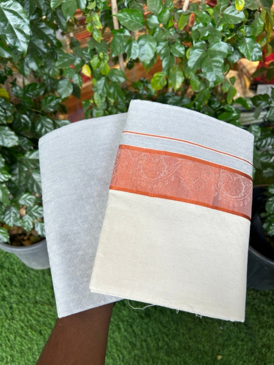 20% DISCOUNT ! KaithariKada Balaramapuram 100% Cotton Single Mundu/Dhoti (60)s - Copper Kasav jacquard Grey Blue & Cream Colour Shirt Material Combo - 8 KK7009 THI