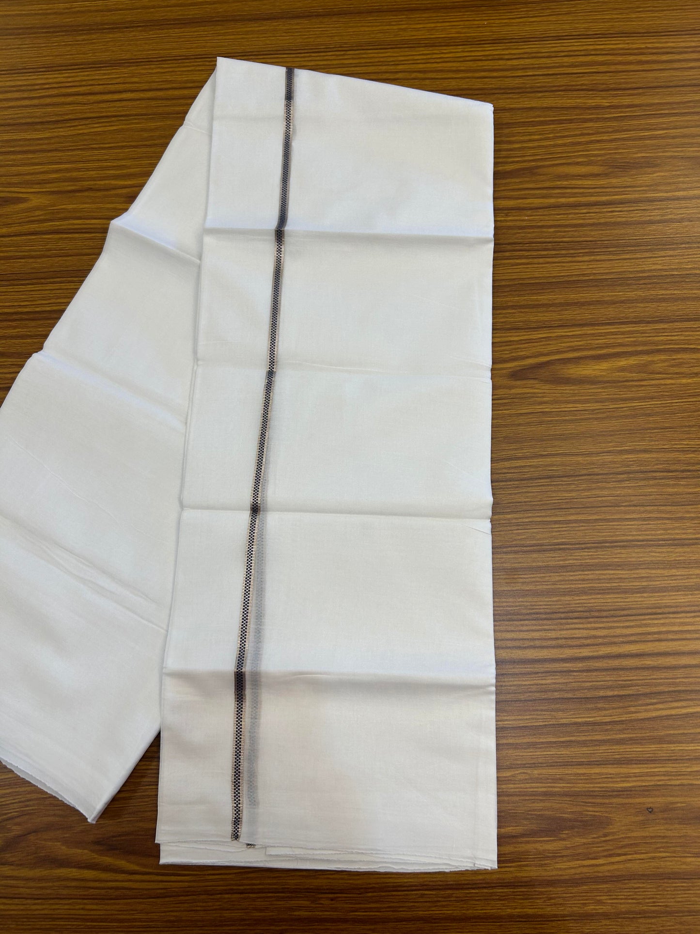 20% Discount! KaithariKada Balaramapuram 100% Cotton Double Pure white Mundu/Dhoti- 100X80 - 1 cm Silver Kasav & Ash Grey Muthukuri Design Kara - Between3.80-3.95m( 8 muzham) - 2 KK5355 CKS
