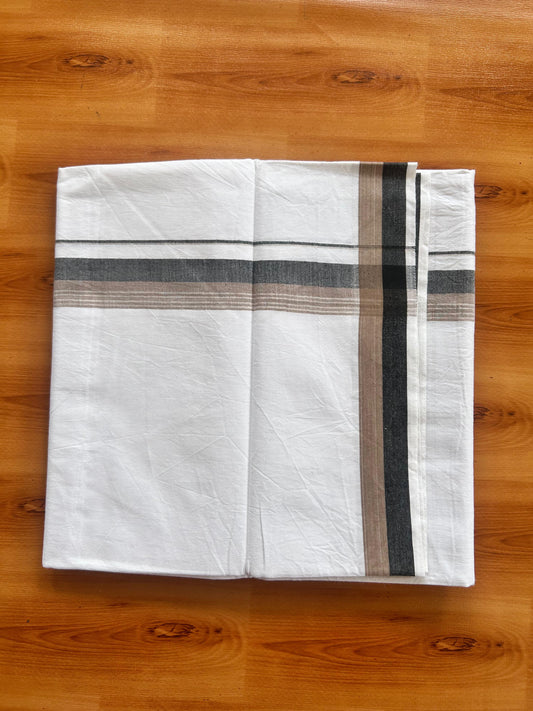 Single Mundu/Dhoti  - Pure White - KaithariKada Balaramapuram 100% Cotton - Twisted 60s Thread - 1 inch  Silver Kasav Light Brown & Black Shaded Striped Kara (2 meter / 4 muzham) - 14 KK5495 GL
