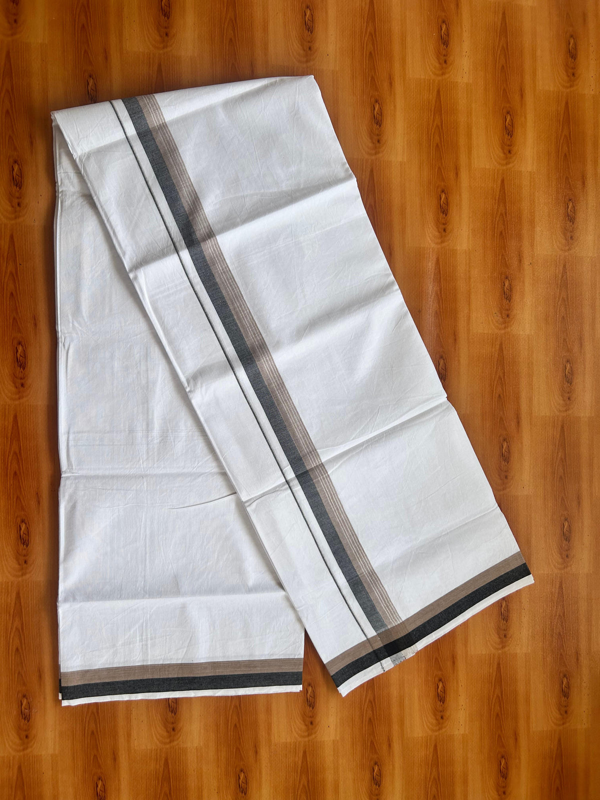 Single Mundu/Dhoti  - Pure White - KaithariKada Balaramapuram 100% Cotton - Twisted 60s Thread - 1 inch  Silver Kasav Light Brown & Black Shaded Striped Kara (2 meter / 4 muzham) - 14 KK5495 GL