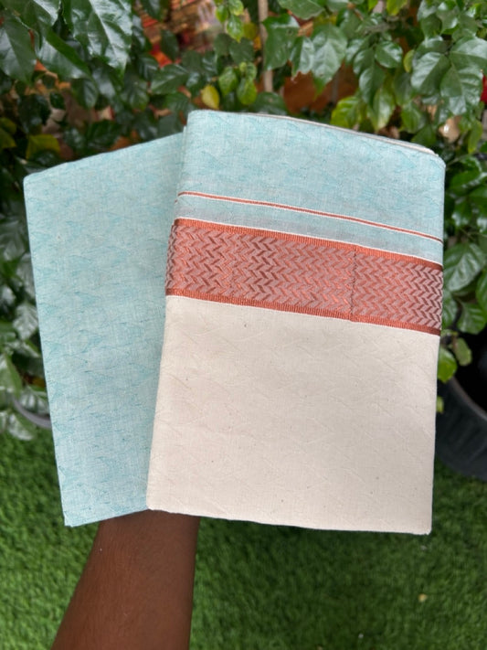 20% DISCOUNT ! KaithariKada Balaramapuram 100% Cotton Single Mundu/Dhoti (60)s - Copper Kasav jacquard Light Sea Green & Cream Colour Shirt Material Combo - 9 KK7009 THI
