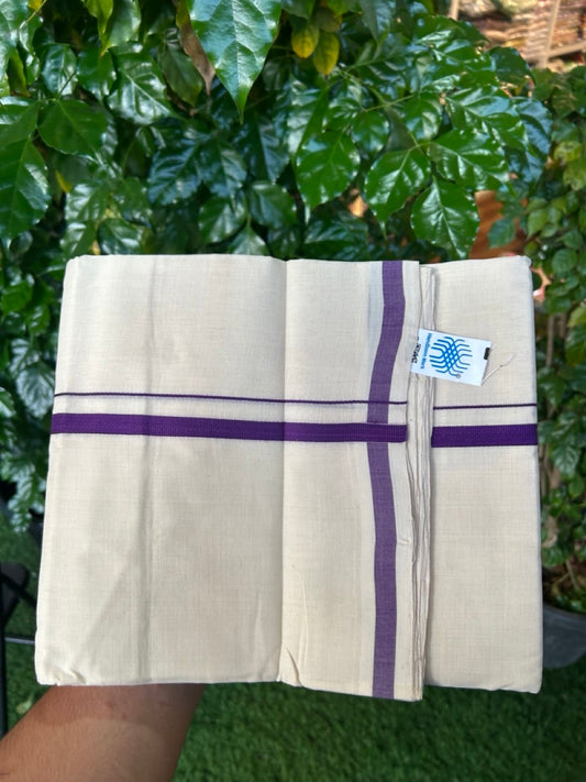 25% Discount KaithariKada Handloom Unakkupaav Balaramapuram - 100% Pure Cotton off white (Unbleached) Double Mundu/Dhoti - 80X90 - 1 cm Violet Kara 3.80 mtr (8 muzham) - 13 KK5260 ELA