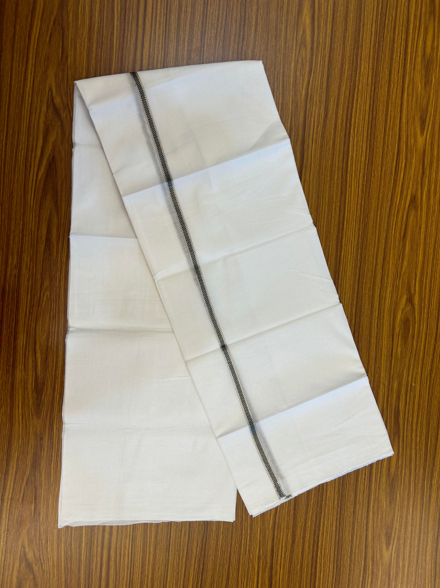 20% Discount! KaithariKada Balaramapuram 100% Cotton Double Pure white Mundu/Dhoti- 100X80 - 1 cm Silver Kasav & Dark Green Muthukuri Design Kara - Between3.80-3.95m( 8 muzham) - 1 KK5355 CKS