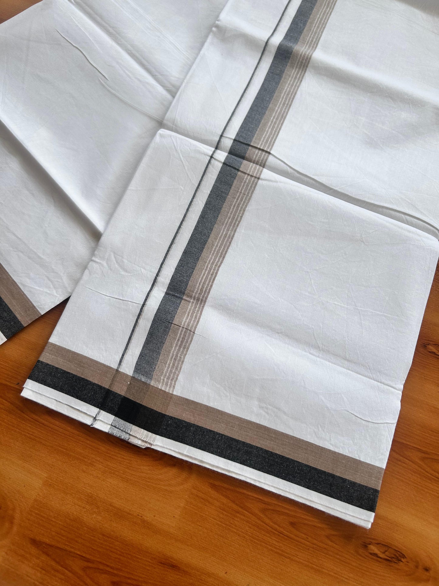 Single Mundu/Dhoti  - Pure White - KaithariKada Balaramapuram 100% Cotton - Twisted 60s Thread - 1 inch  Silver Kasav Light Brown & Black Shaded Striped Kara (2 meter / 4 muzham) - 14 KK5495 GL
