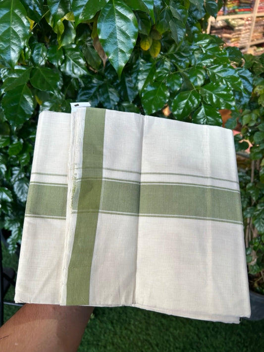 25% Discount KaithariKada Handloom Unakkupaav Balaramapuram - 100% PURE Cotton off white (Unbleached) Double Mundu/Dhoti - 80X90 - 1.75 inch Green Shaded Striped Kara 3.80 mtr (8 muzham) - 7 KK5260 ELA