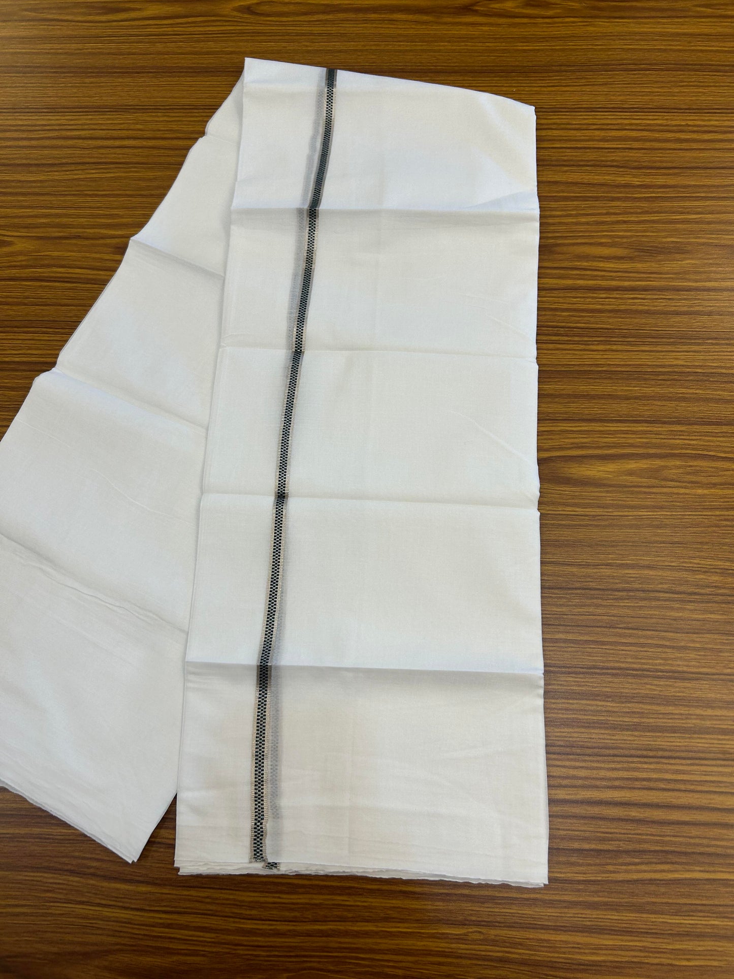20% Discount! KaithariKada Balaramapuram 100% Cotton Double Pure white Mundu/Dhoti- 100X80 - 1 cm Silver Kasav & Dark Green Muthukuri Design Kara - Between3.80-3.95m( 8 muzham) - 1 KK5355 CKS