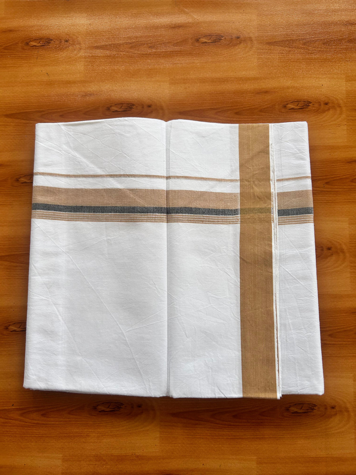 Single Mundu/Dhoti  - Pure White - KaithariKada Balaramapuram 100% Cotton - Twisted 60s Thread - 1 inch  Silver Kasav Sand Brown & Black Shaded Striped Kara (2 meter / 4 muzham) - 15 KK5495 GL