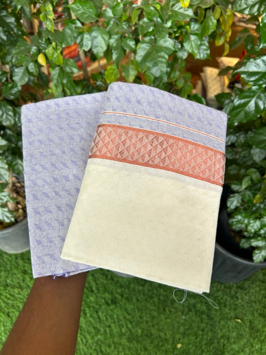 20% DISCOUNT ! KaithariKada Balaramapuram 100% Cotton - (60)s - Single Off white Mundu/Dhoti & Shirt Material Combo - 2 inch Copper Kasavu jacquard Kara with Violet shaded shirt material   - 12 KK7009 THI