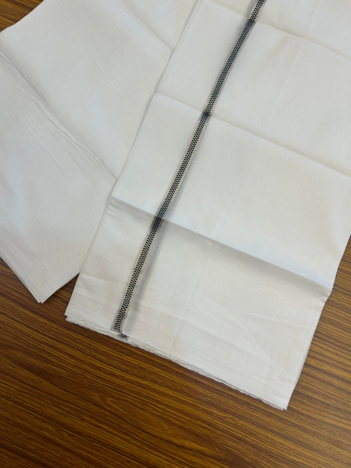 20% Discount! KaithariKada Balaramapuram 100% Cotton Double Pure white Mundu/Dhoti- 100X80 - 1 cm Silver Kasav & Dark Green Muthukuri Design Kara - Between3.80-3.95m( 8 muzham) - 1 KK5355 CKS