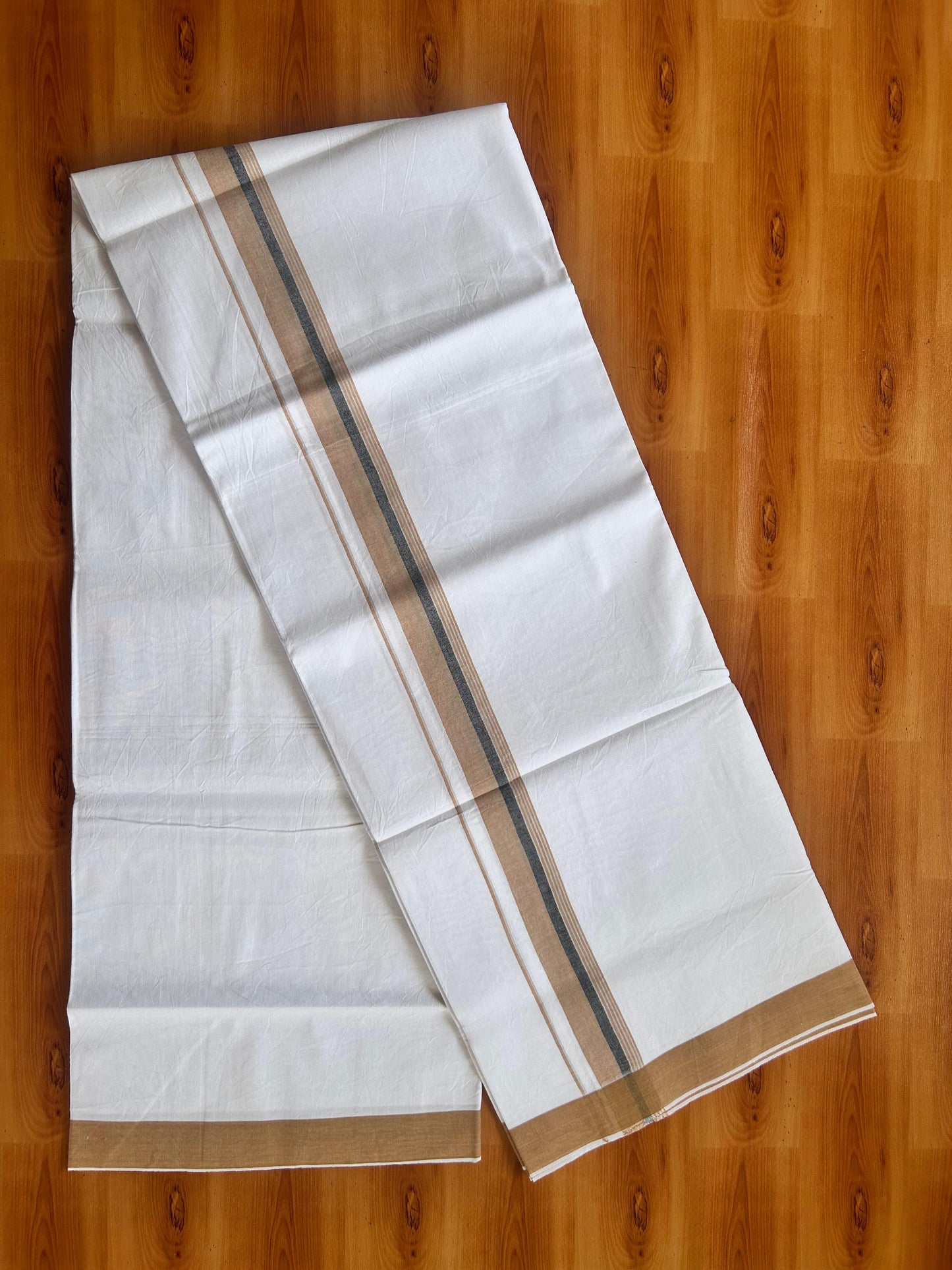 Single Mundu/Dhoti  - Pure White - KaithariKada Balaramapuram 100% Cotton - Twisted 60s Thread - 1 inch  Silver Kasav Sand Brown & Black Shaded Striped Kara (2 meter / 4 muzham) - 15 KK5495 GL