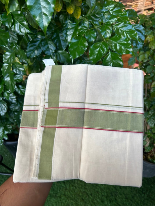 25% Discount KaithariKada Handloom Unakkupaav Balaramapuram - 100% PURE Cotton off white (Unbleached) Double Mundu/Dhoti - 80X90 - 1.5 inch Green & Magenta Striped Kara 3.80 mtr (8 muzham) - 2 KK5260 ELA