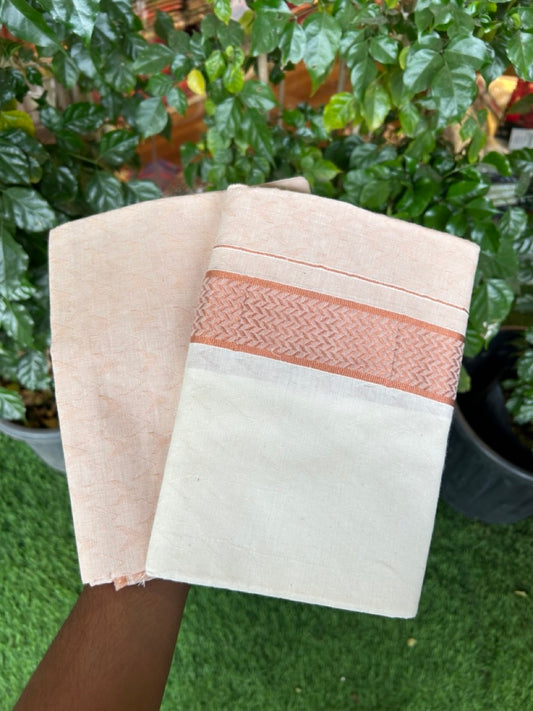 20% DISCOUNT ! KaithariKada Balaramapuram 100% Cotton - (60)s - Single Off white Mundu/Dhoti & Shirt Material Combo - 2 inch Copper Kasavu jacquard Kara with Sand Brown shaded shirt material   - 13 KK7009 THI