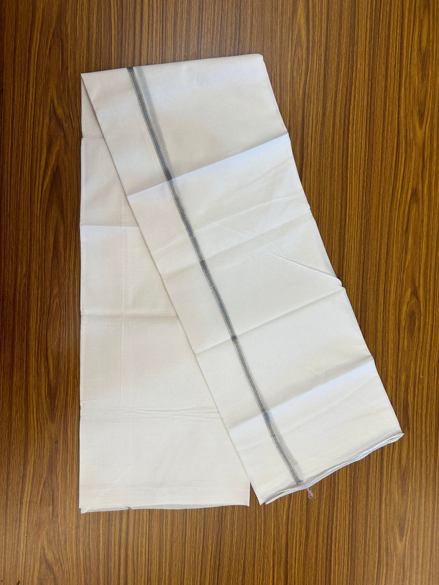 20% Discount! KaithariKada Balaramapuram 100% Cotton Double Pure white Mundu/Dhoti- 100X80 - 1 cm Silver Kasav & Sky Blue Muthukuri Design Kara - Between3.80-3.95m( 8 muzham) - 4 KK5355 CKS