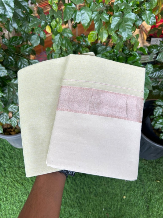 20% DISCOUNT ! KaithariKada Balaramapuram 100% Cotton - (60)s - Single Off white Mundu/Dhoti & Shirt Material Combo - 2 inch Copper Silver Kasavu jacquard Kara with Pista Green shaded shirt material   - 14 KK7009 THI