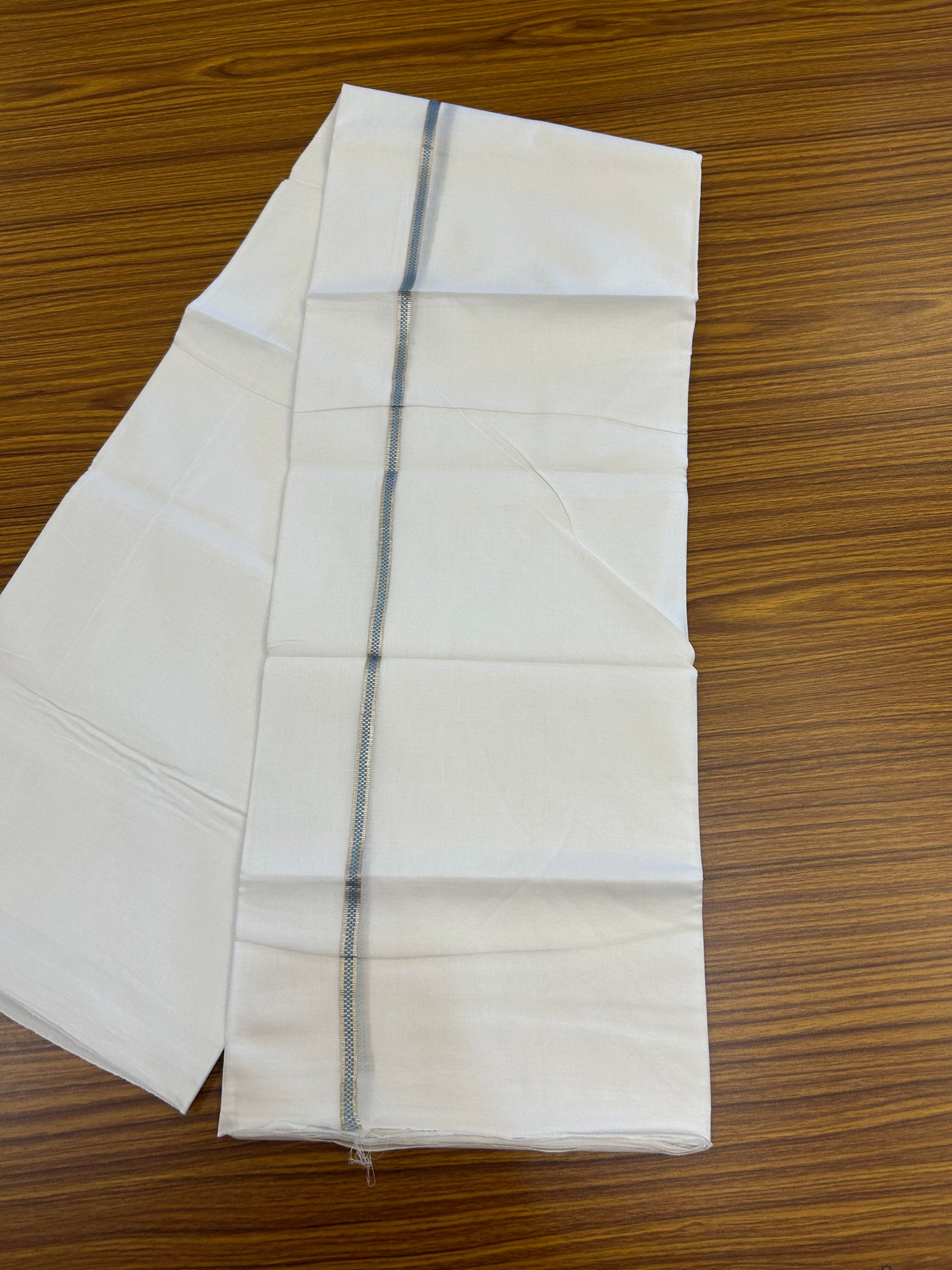 20% Discount! KaithariKada Balaramapuram 100% Cotton Double Pure white Mundu/Dhoti- 100X80 - 1 cm Silver Kasav & Sky Blue Muthukuri Design Kara - Between3.80-3.95m( 8 muzham) - 4 KK5355 CKS