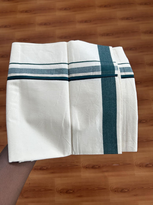 Single Mundu/Dhoti - Off White (Unbleached) 29% Discount !! KaithariKada Balaramapuram 100% Cotton Twisted 60s Thread - 1 Inch Silver Kasav & Black & Green Shaded Kara (2 meter /4 muzham) - 1 KK5393 GL