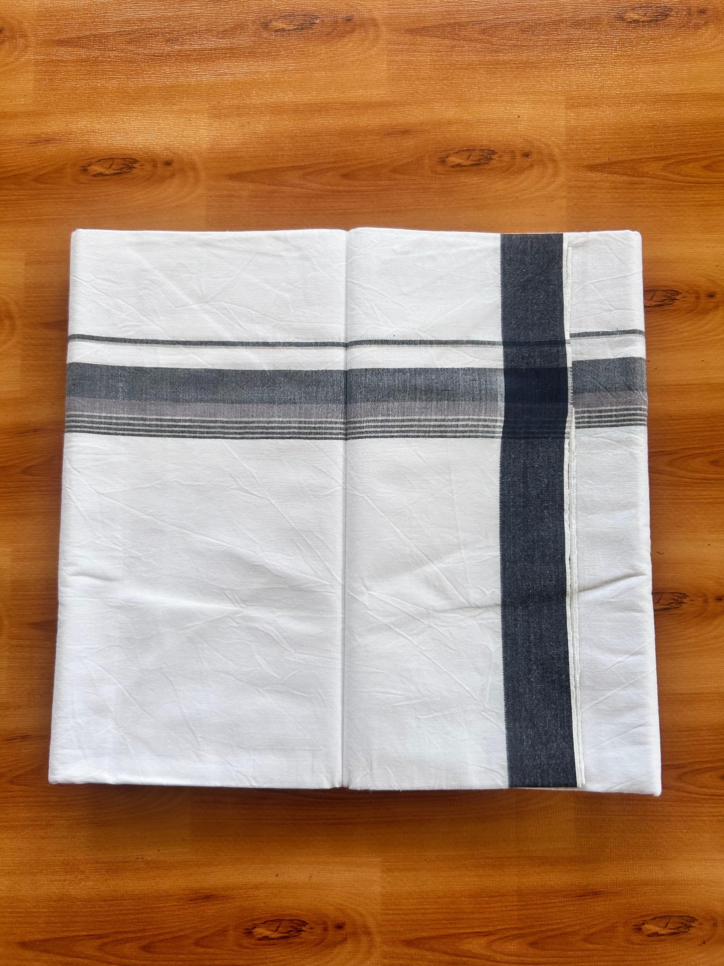 Single Mundu/Dhoti  - Pure White - KaithariKada Balaramapuram 100% Cotton - Twisted 60s Thread - 1 inch  Silver Kasav Lavender & Navy Blue Shaded Striped Kara (2 meter / 4 muzham) - 16 KK5495 GL