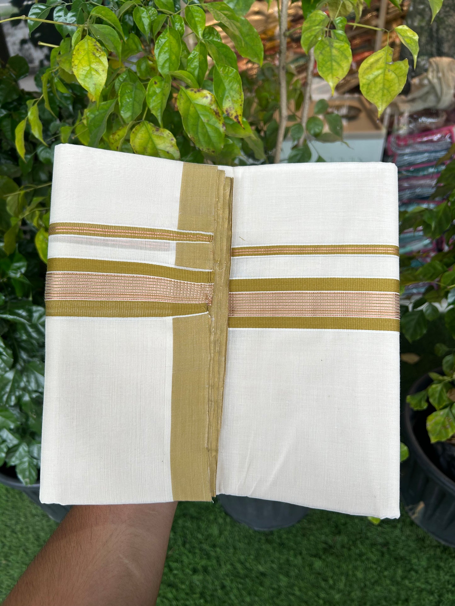 25% Discount ! KaithariKada Handloom Millpaav - Kerala Handloom - 100% Pure Cotton Off White (Unbleached) Double Mundu/Dothi - 80x90 - 1.5 inch Copper Kasav & Olive Brown Striped Kara 4 Meters (8.5 Muzham) - 5 KK5328 RAM