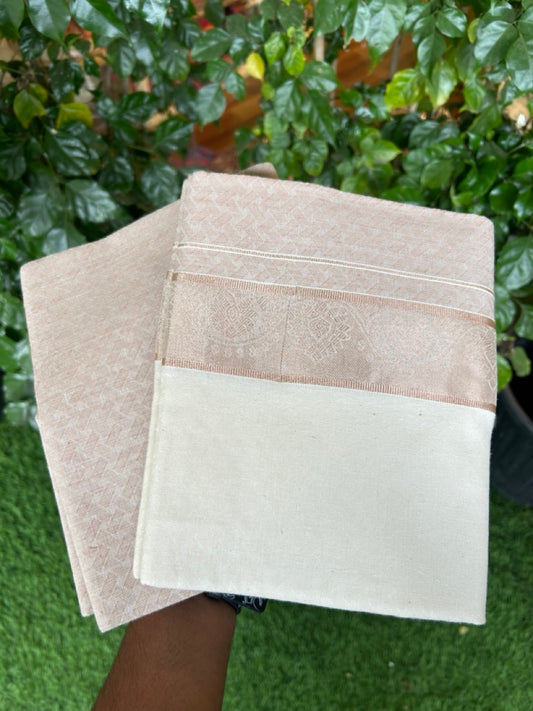 20% DISCOUNT ! KaithariKada Balaramapuram 100% Cotton - (60)s - Single Off white Mundu/Dhoti & Shirt Material Combo - 2 inch Copper Silver Kasavu jacquard Kara with Light Brown shaded shirt material   - 15 KK7009 THI