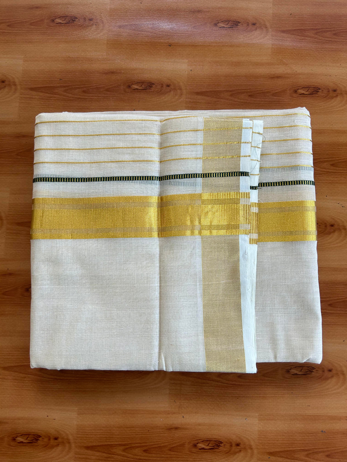 Double Off White - (Unbleached) Mundu/Dhoti - 25% Discount! KaithariKada Pulimood Handloom Millpaav - Pure Cotton - (80X90) - 6.5 inch Gold Kasav & Green Striped Kara With Tissue Body 3.80 mtr (8 Muzham) - 2 KK5544 CED