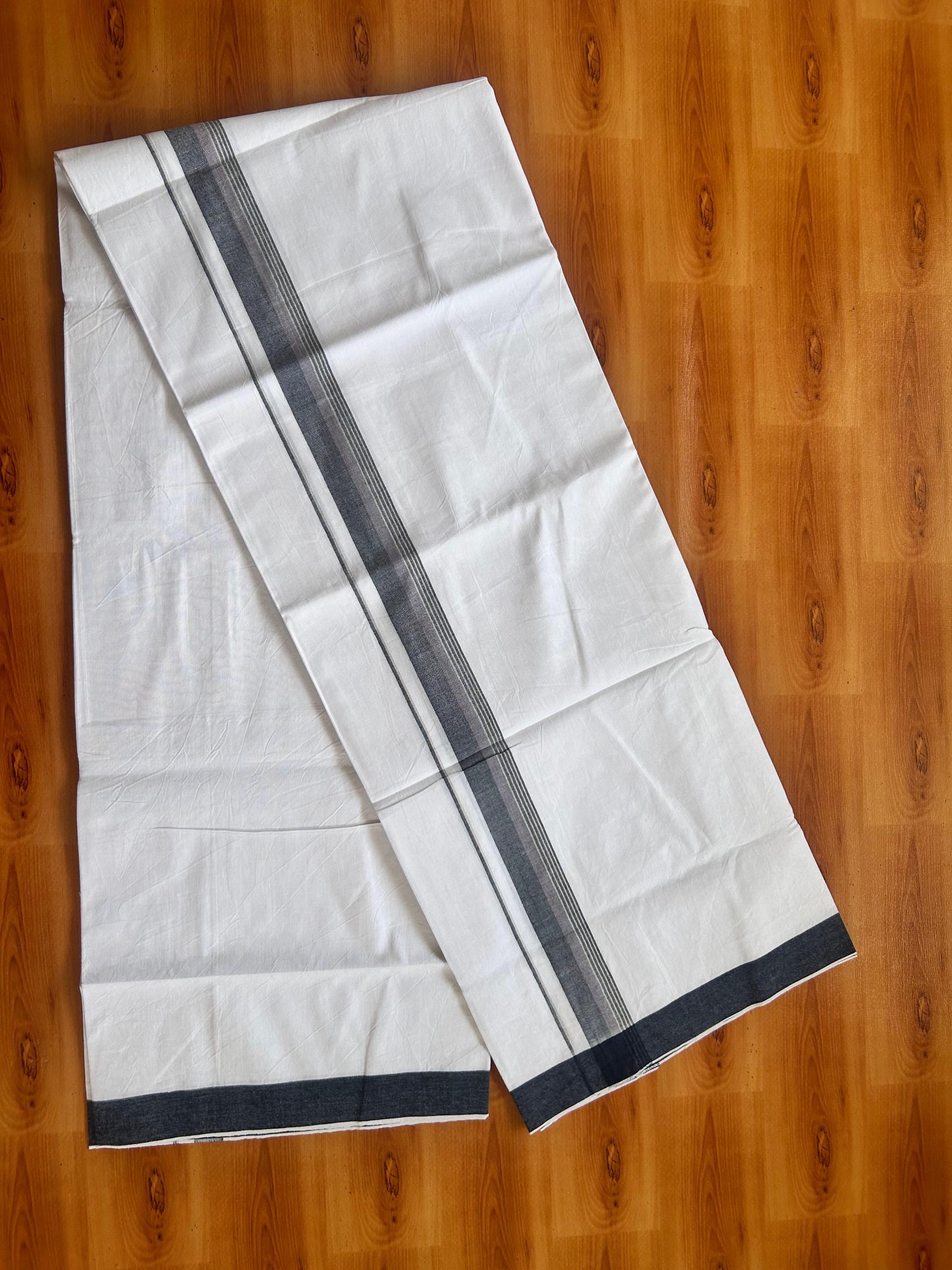 Single Mundu/Dhoti  - Pure White - KaithariKada Balaramapuram 100% Cotton - Twisted 60s Thread - 1 inch  Silver Kasav Lavender & Navy Blue Shaded Striped Kara (2 meter / 4 muzham) - 16 KK5495 GL