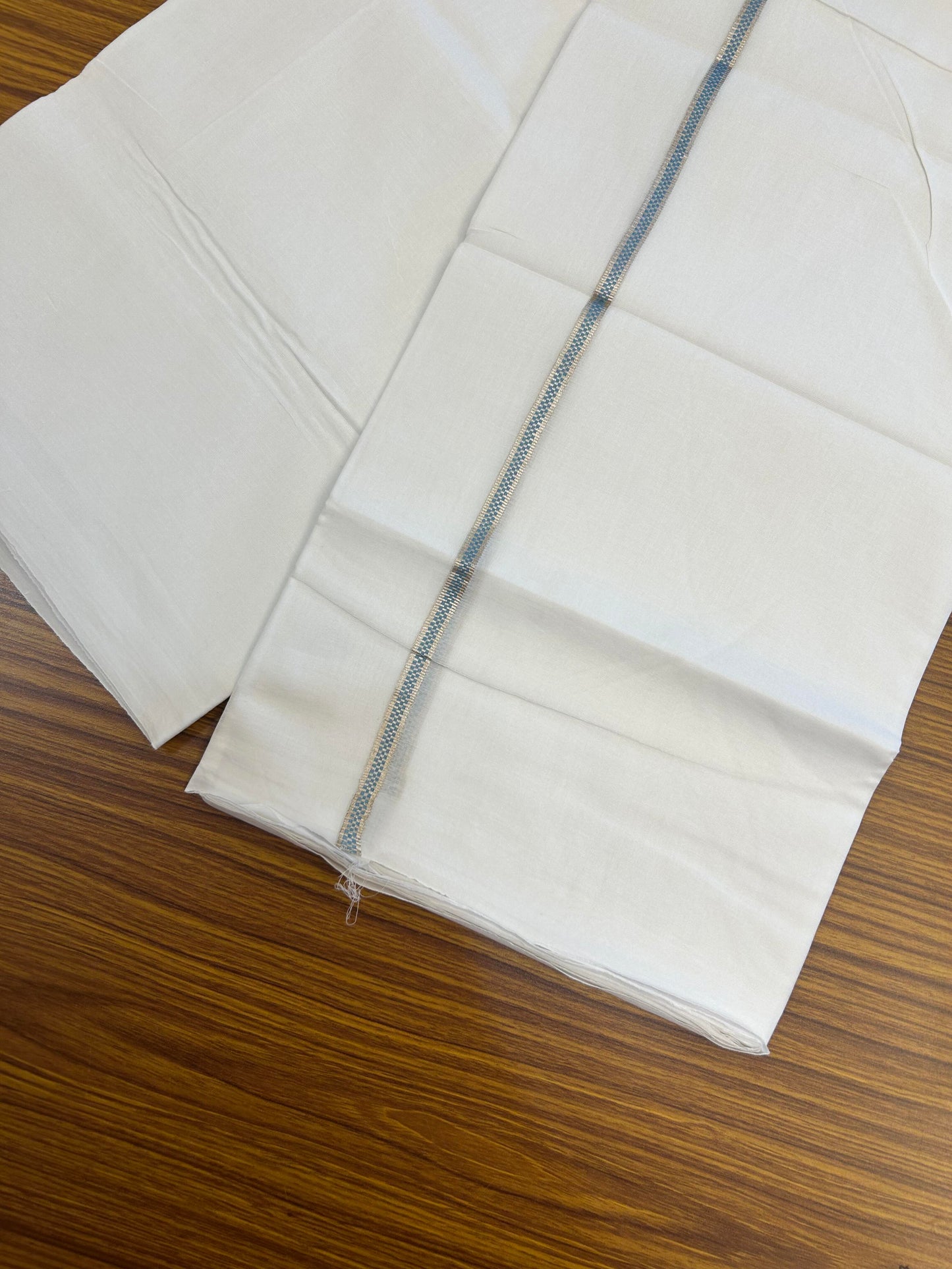 20% Discount! KaithariKada Balaramapuram 100% Cotton Double Pure white Mundu/Dhoti- 100X80 - 1 cm Silver Kasav & Sky Blue Muthukuri Design Kara - Between3.80-3.95m( 8 muzham) - 4 KK5355 CKS