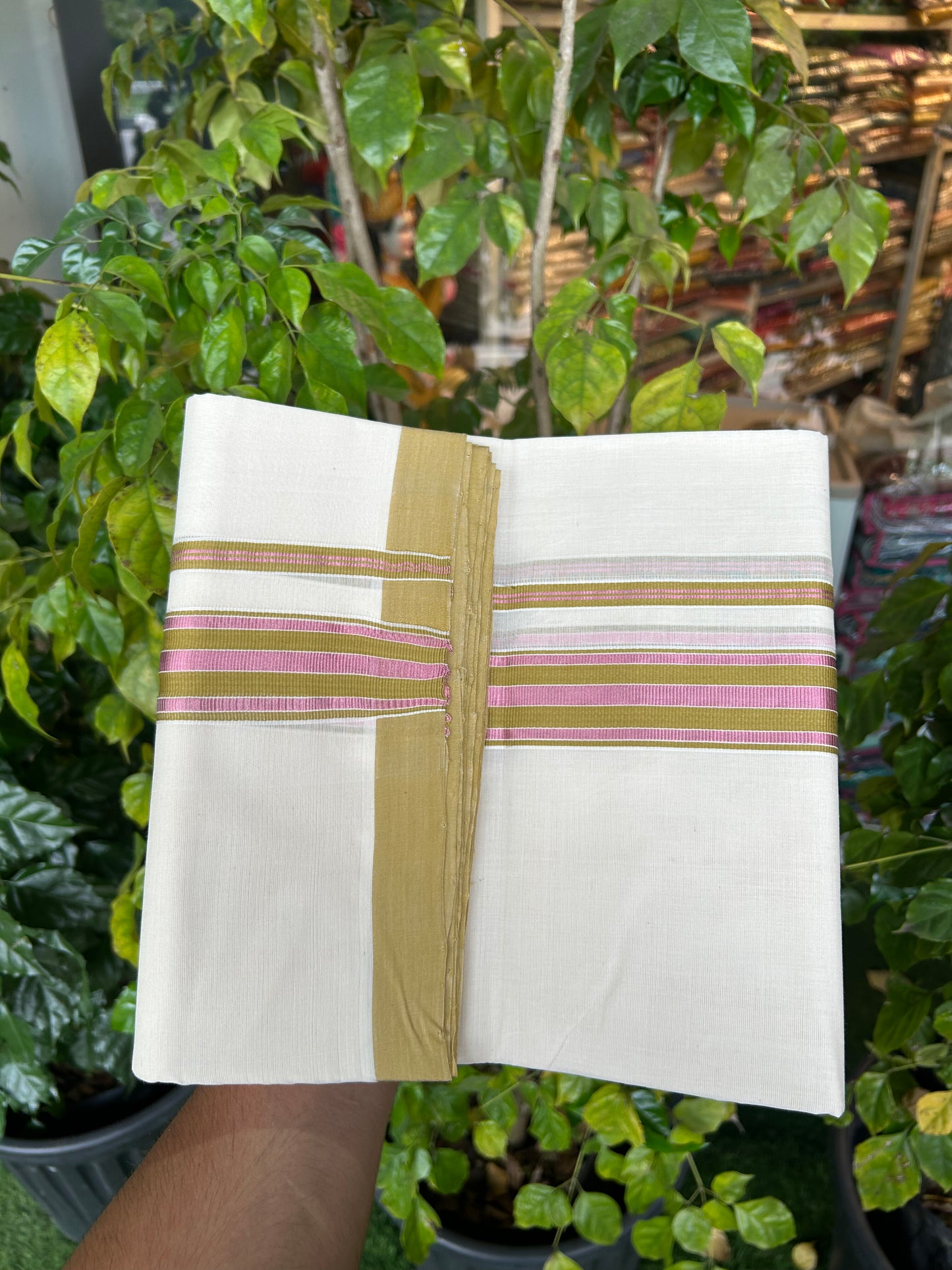 25% Discount ! KaithariKada Handloom Millpaav - Kerala Handloom - 100% Pure Cotton Off White (Unbleached) Double Mundu/Dothi - 80x90 - 1.5 inch Rose Pink Kasav & Olive Brown Striped Kara 4 Meters (8.5 Muzham) - 6 KK5328 RAM
