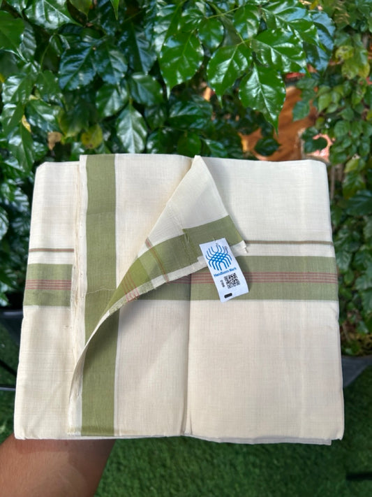 25% Discount KaithariKada Handloom Unakkupaav Balaramapuram - 100% PURE Cotton off white (Unbleached) Double Mundu/Dhoti - 80X90 - 1.5 inch Green & Magenta Center Stripes Kara 3.80 mtr (8 muzham) - 1 KK5260 ELA