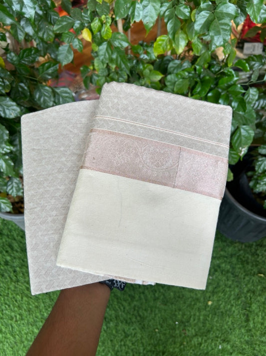 20% DISCOUNT ! KaithariKada Balaramapuram 100% Cotton - (60)s - Single Off white Mundu/Dhoti & Shirt Material Combo - 2 inch Copper Silver Kasavu jacquard Kara with Greyish Brown shaded shirt material   - 16 KK7009 THI