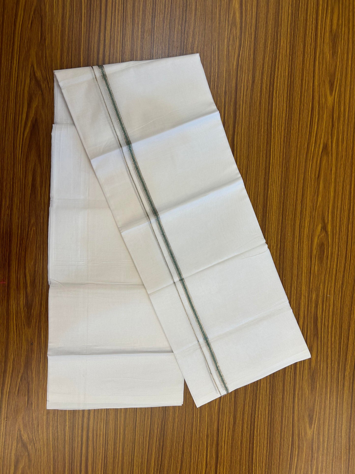 20% Discount! KaithariKada Balaramapuram 100% Cotton Double Pure white Mundu/Dhoti- 100X80 - 1 cm Green & Silver Kasav shaded Kara - Between3.80-3.95m (8 muzham) - 16 KK5355 CKS