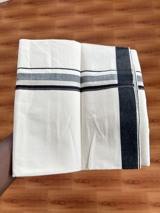 Single Mundu/Dhoti - Off White (Unbleached) 29% Discount !! KaithariKada Balaramapuram 100% Cotton Twisted 60s Thread - 1 Inch Silver Kasav & Black & Brown Shaded Kara (2 meter /4 muzham) - 12 KK5393 GL