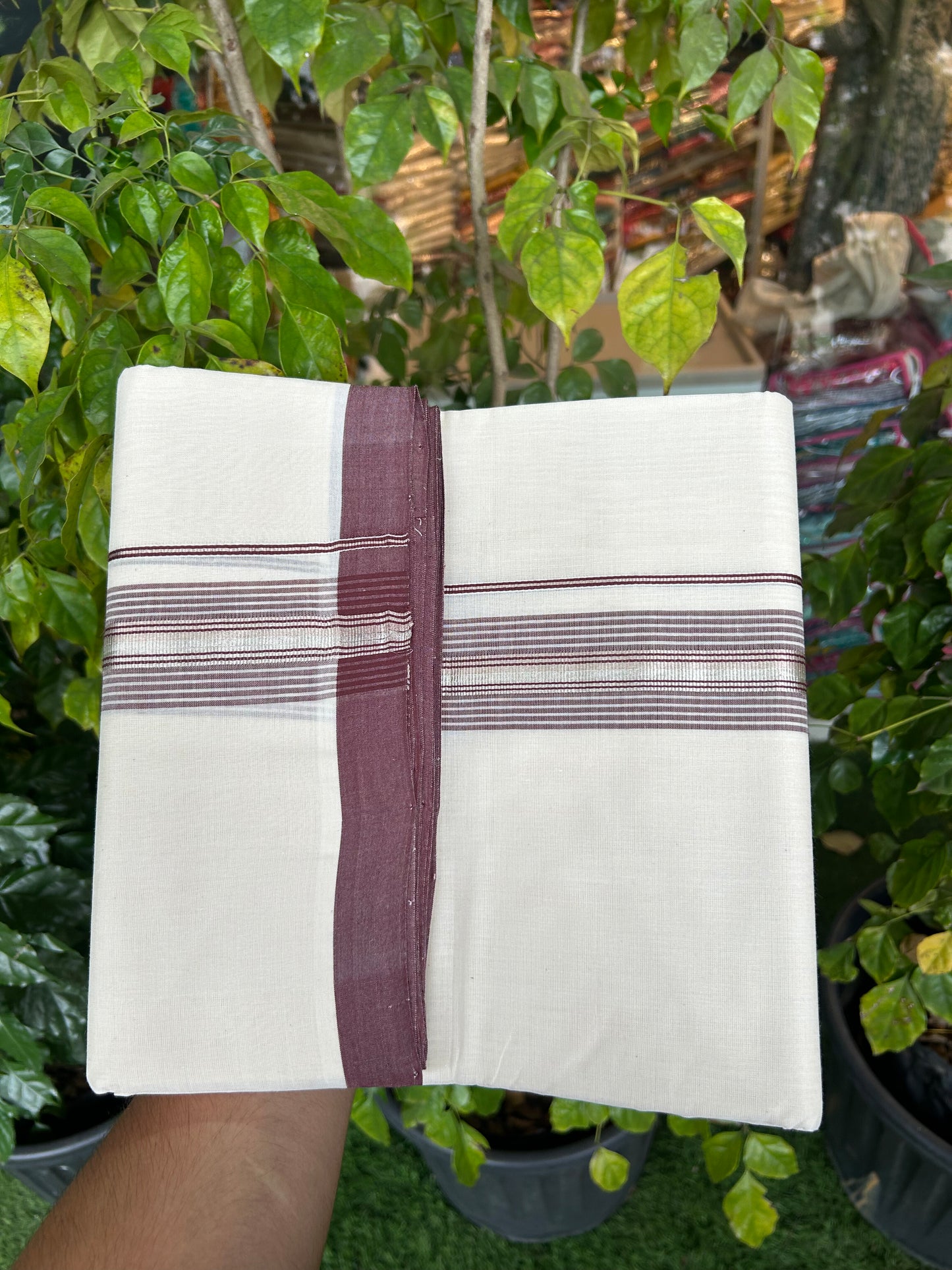 25% Discount ! KaithariKada Handloom Millpaav - Kerala Handloom - 100% Pure Cotton Off White (Unbleached) Double Mundu/Dothi - 80x90 - 1.75 inch Silver Kasav & Dark Brown Striped Kara 4 Meters (8.5 Muzham) - 7 KK5328 RAM