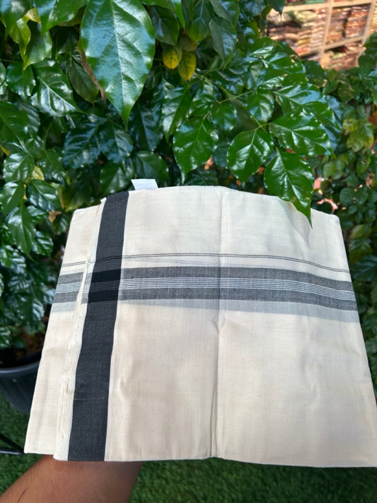 25% Discount KaithariKada Handloom Unakkupaav Balaramapuram - 100% PURE Cotton off white (Unbleached) Double Mundu/Dhoti - 80X90 - 1.25 inch Black Center Striped Kara 3.80 mtr (8 muzham) - 11 KK5260 ELA