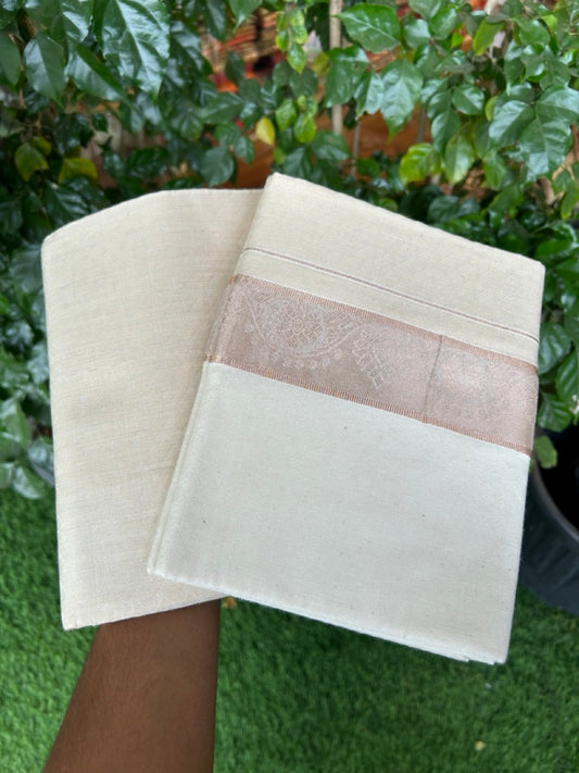 20% DISCOUNT ! KaithariKada Balaramapuram 100% Cotton - (60)s - Single Off white Mundu/Dhoti & Shirt Material Combo - 2 inch Copper Silver Kasavu jacquard Kara with Beige shaded shirt material   - 17 KK7009 THI